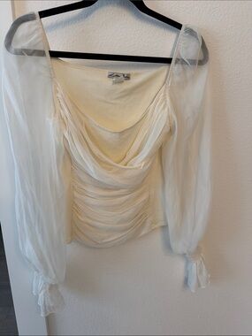 Lillie Rubin Cream Sheer-Sleeve Draped Bodice Top
